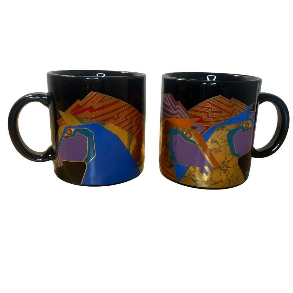 Vintage Laurel Burch Wild Stallions Geometric Horse Mugs Cups Black Set of 2